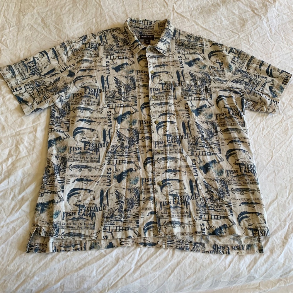 Woolrich Mens XL Lapis Fish Signs Fishing Shirt Linen Cotton Lures Button Up
